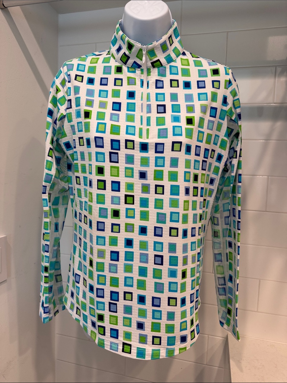 IBKUL Women's Long-Sleeve Quarter-Zip Top - White, Blue & Green